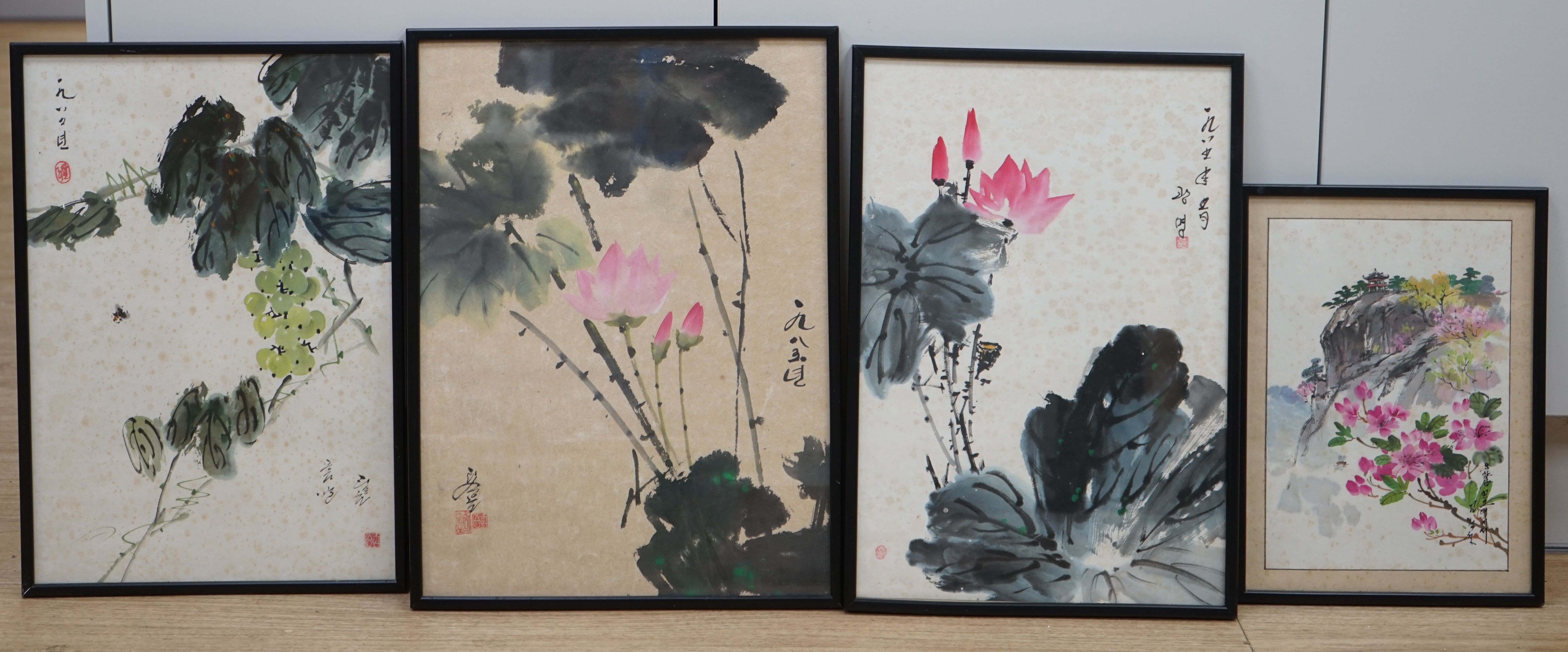 20th century Chinese School, four pictures, Flowers and landscape with pagoda, largest 44 x 29cm. Condition - poor, discolouration and foxing throughout